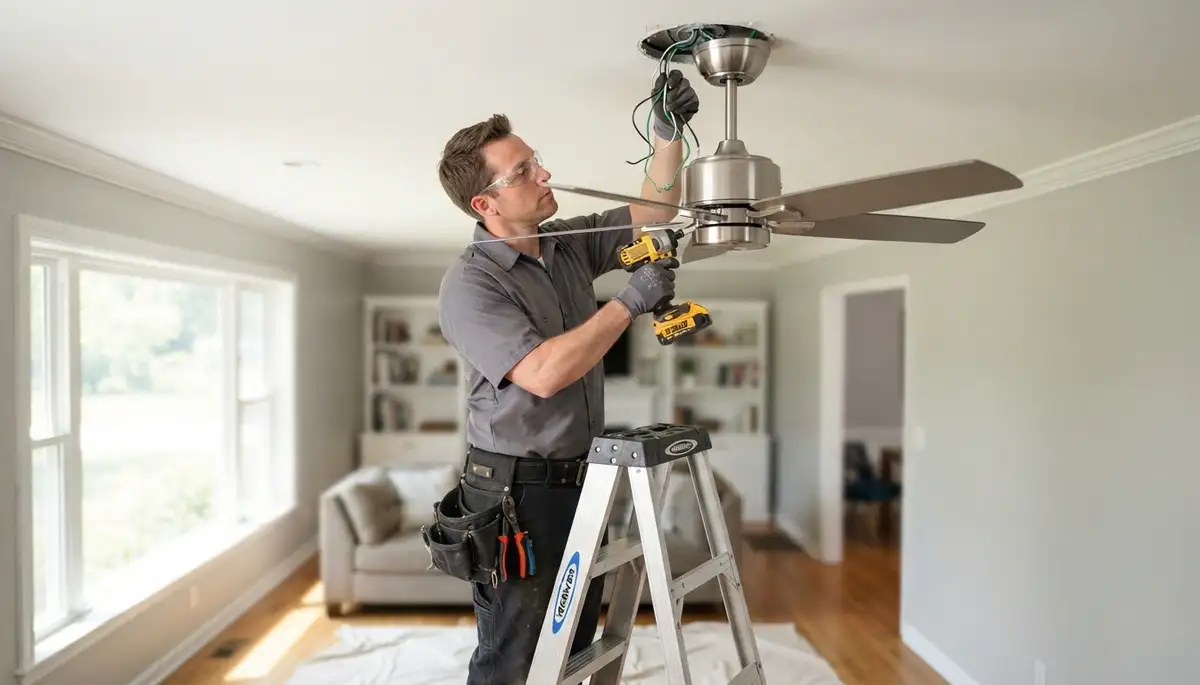 Milwaukee electrician installing a ceiling fan in a home with older electrical wiring