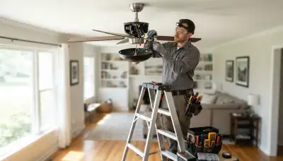 Electrician repairing a ceiling fan in a Milwaukee, WI home