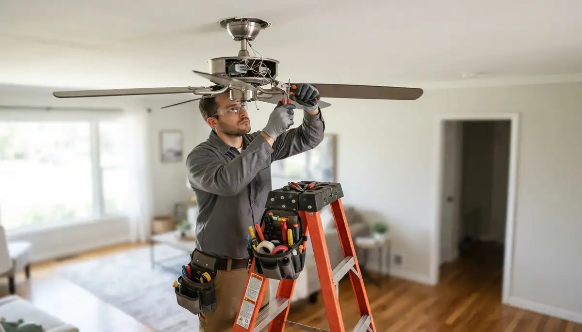 Electrician repairing a ceiling fan in a Milwaukee, WI home