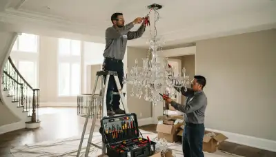 Electrician installing a chandelier in a Milwaukee, WI home