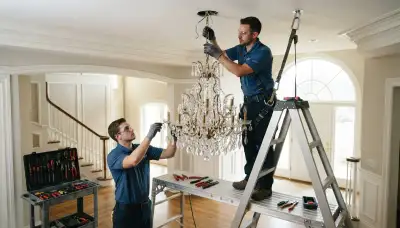 Electrician installing a chandelier in a Milwaukee, WI home