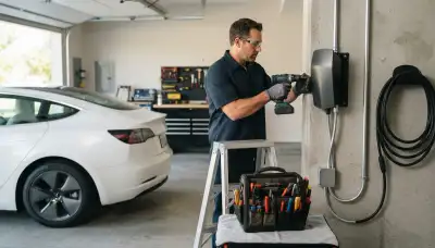 Electrician providing EV charger installation services for a Milwaukee, WI home