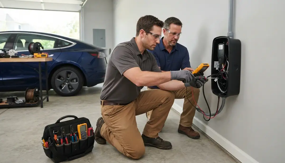 Electrician installing an EV charger in a Milwaukee, WI home