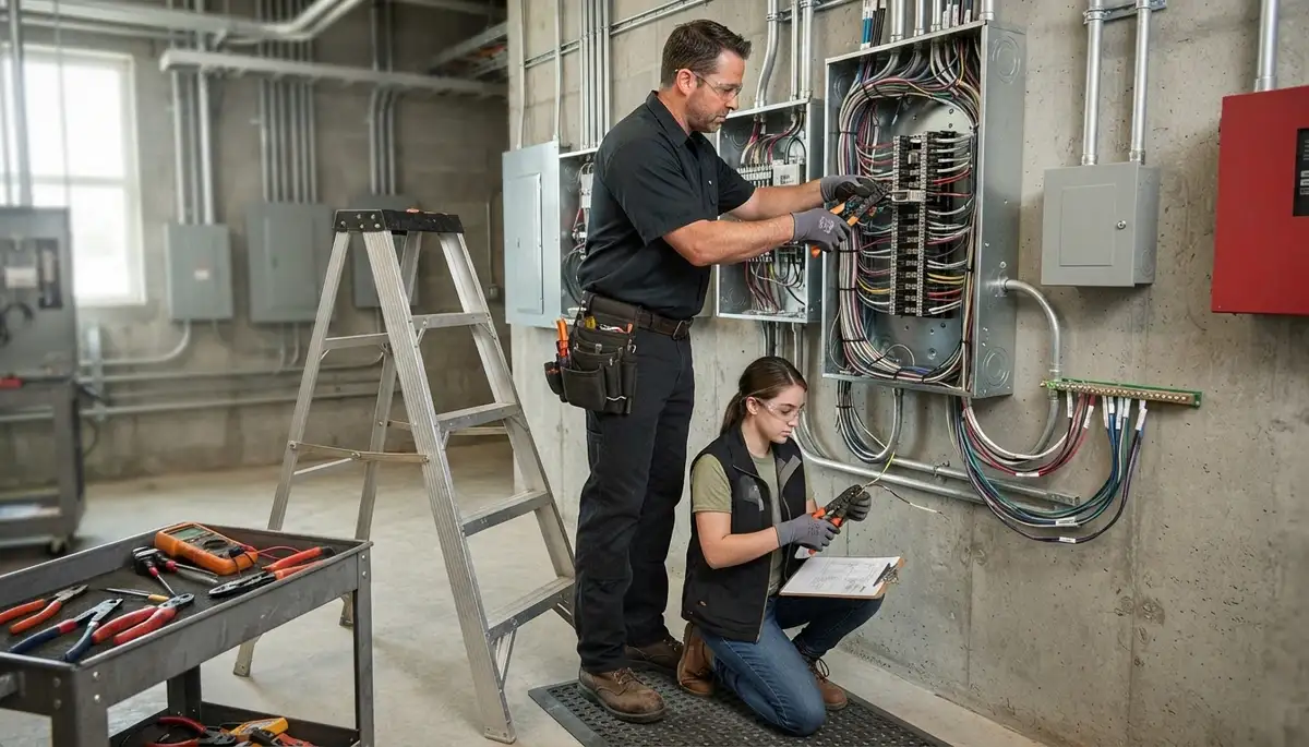 Electrician inspecting residential electrical wiring in a Milwaukee, WI home