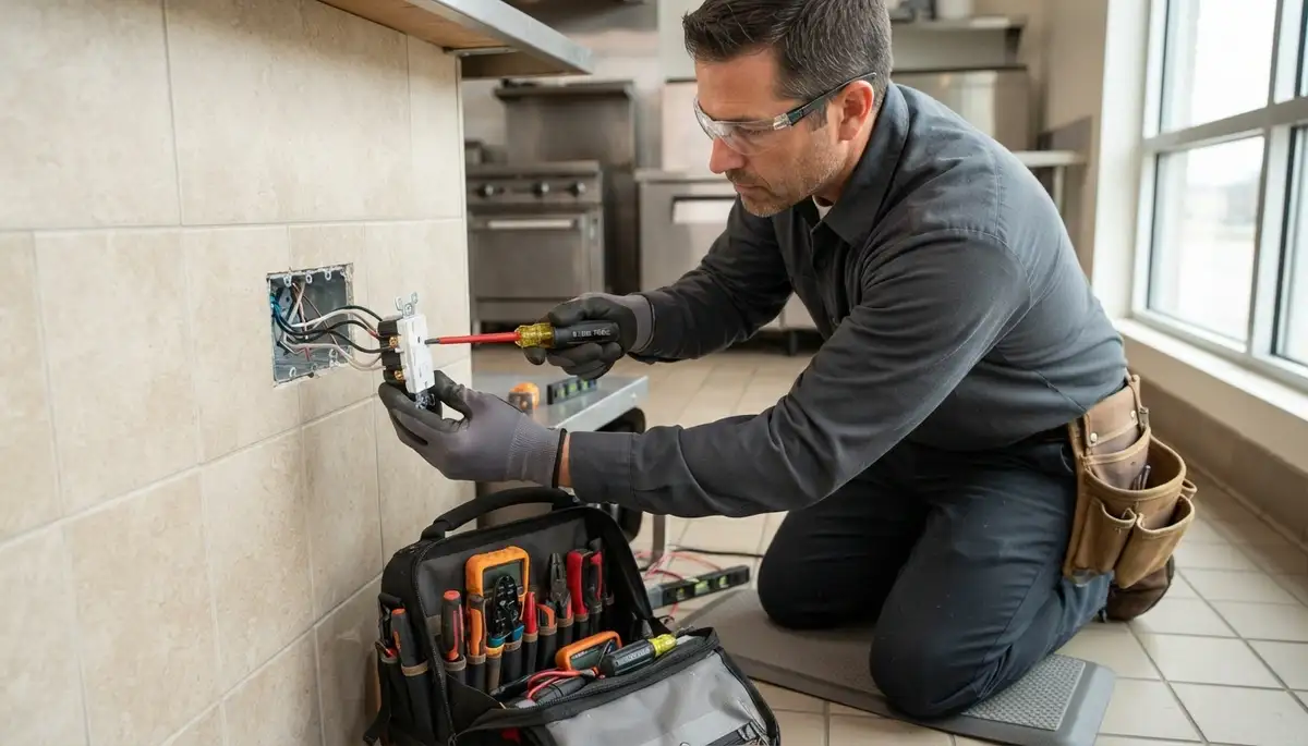 Electrician installing a GFCI outlet in a Milwaukee, WI home