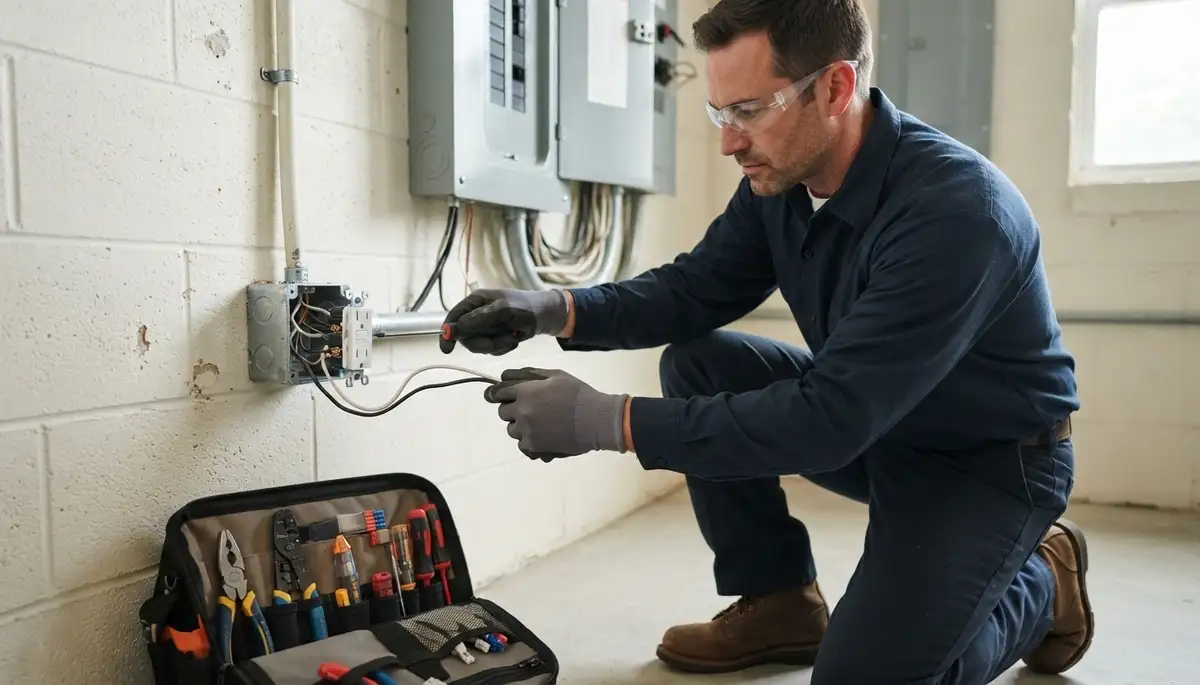 Electrician installing GFCI circuit protection in a Milwaukee, WI home