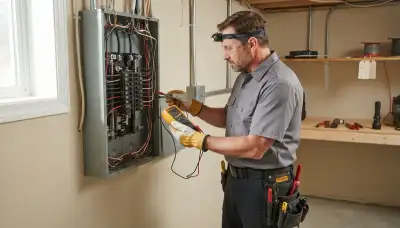 Milwaukee, WI electrician conducting a home electrical inspection of a service panel and wiring
