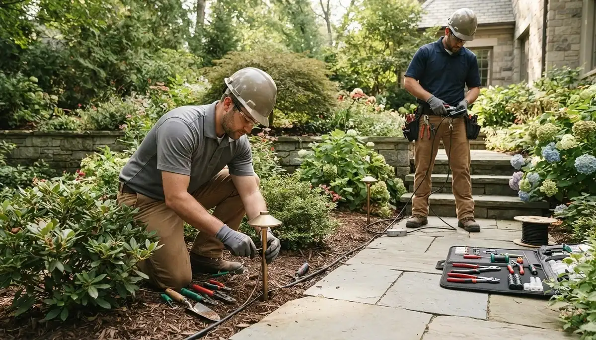 Landscape lighting installation by a Milwaukee, WI electrician for a residential outdoor space