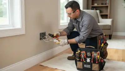 Milwaukee electrician repairing a damaged electrical outlet in an older home