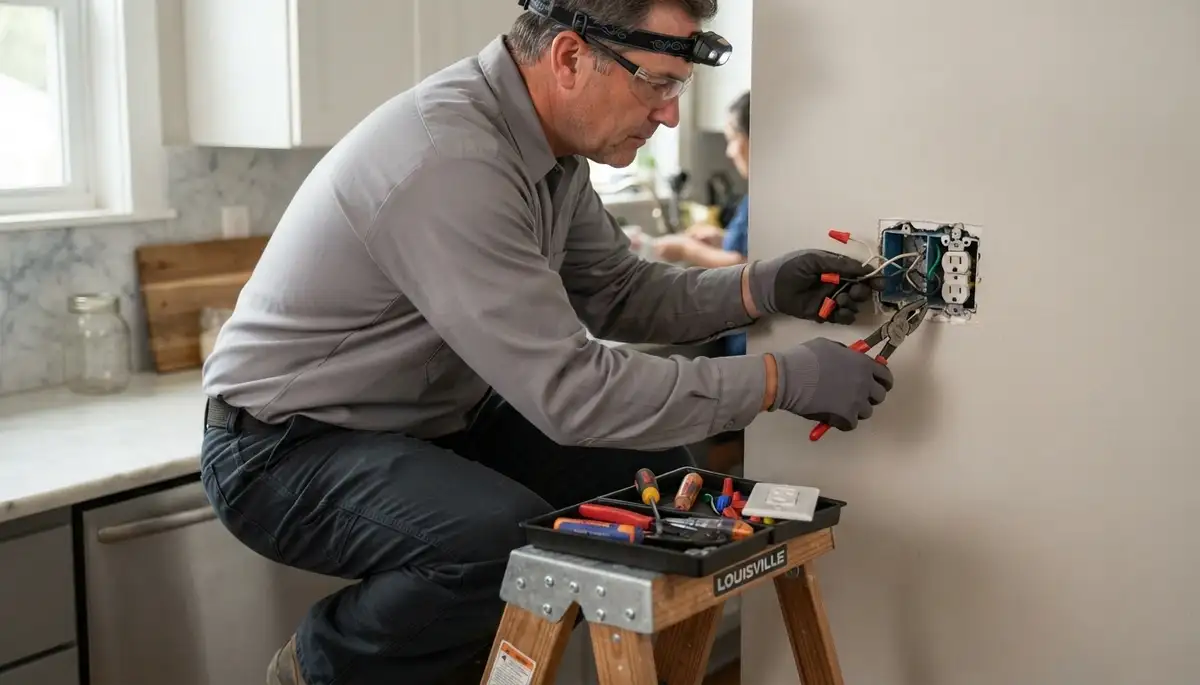 Electrician repairing a residential outlet in Milwaukee, Wisconsin