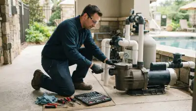 Electrician servicing pool pump wiring at a Milwaukee, WI home