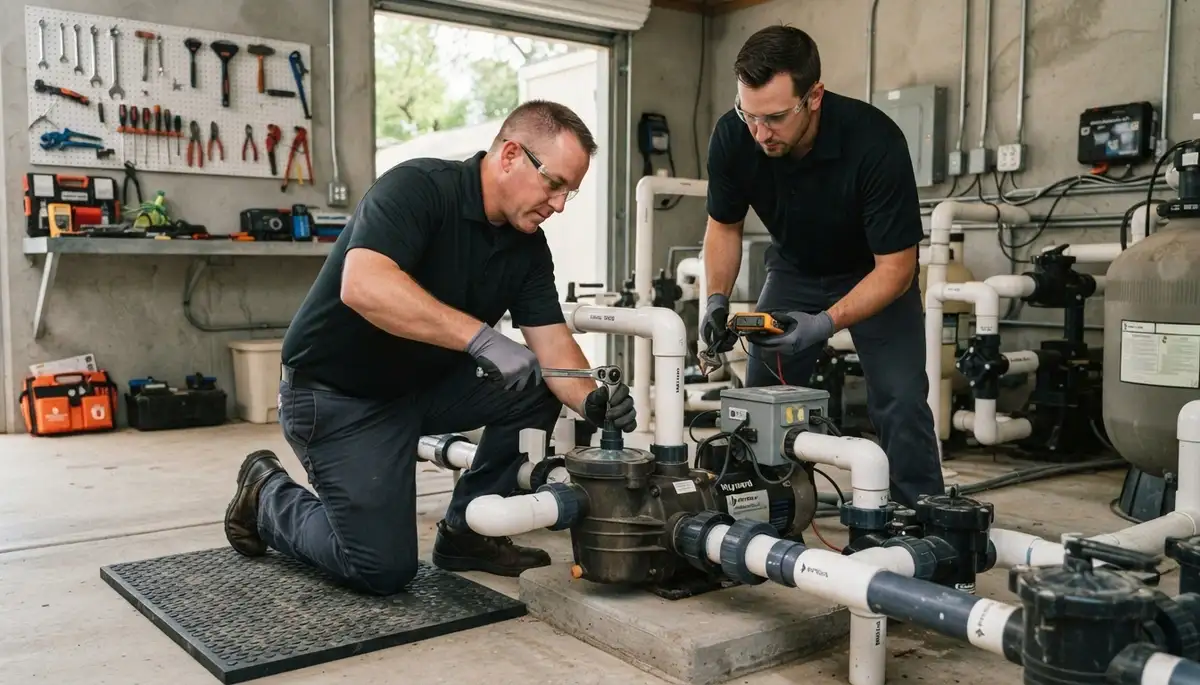 Electrician servicing pool pump electrical connections for Milwaukee, WI homes