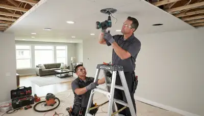 Electrician installing recessed lighting in a Milwaukee, WI home
