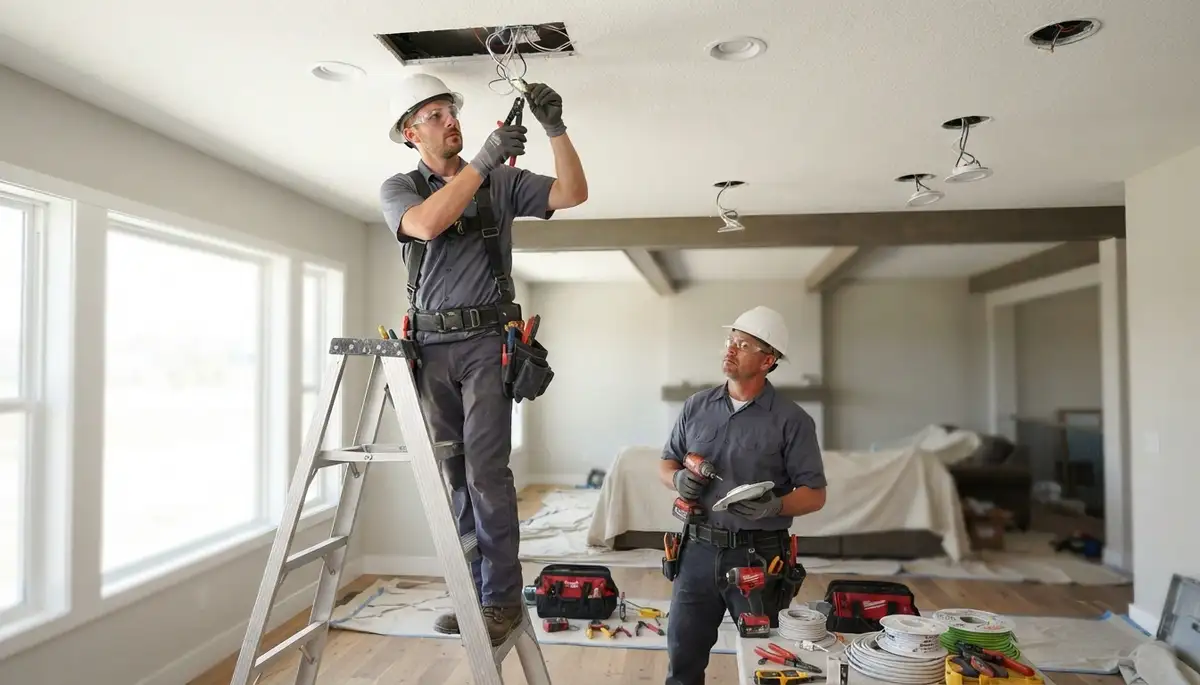 Electrician installing recessed lighting in a Milwaukee, WI home